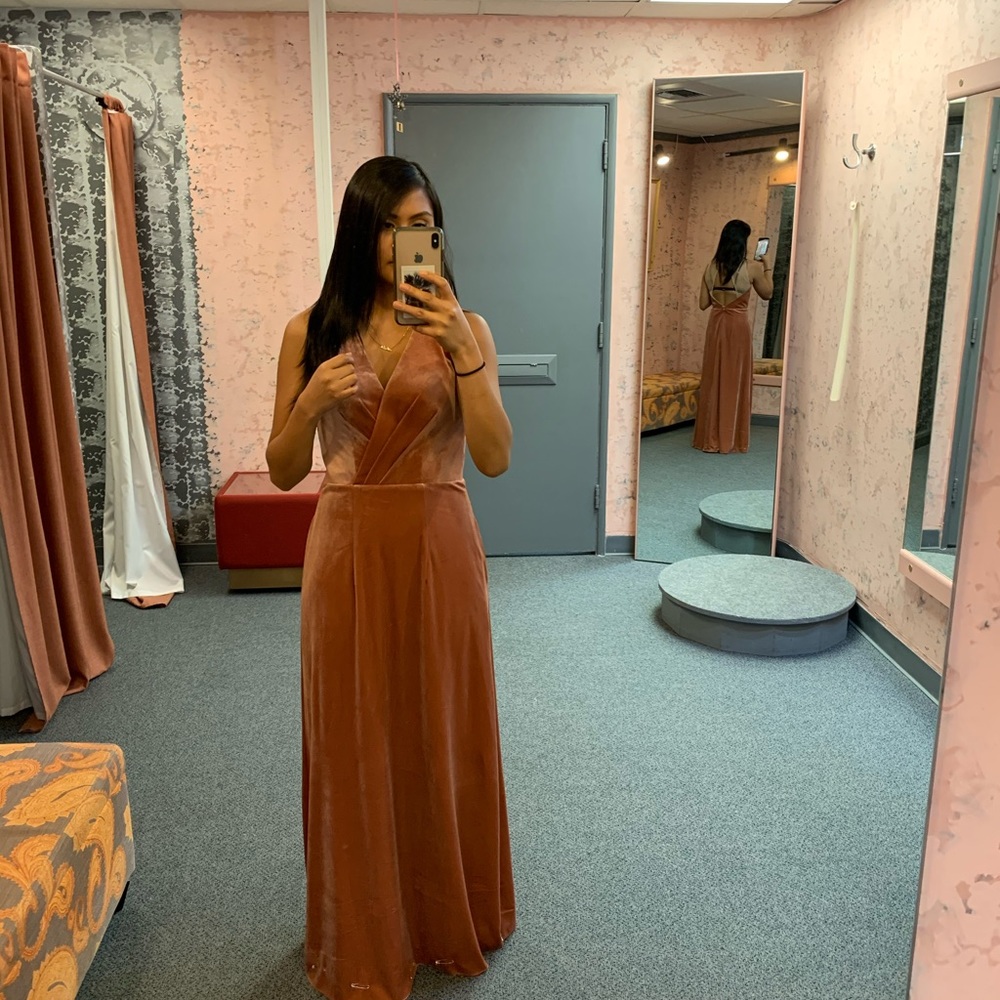 Blush velour dress with a mesh neck lining